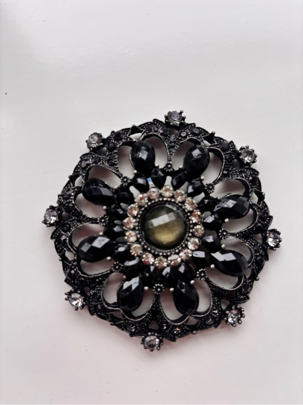 Vintage Black and green Floral Glass Crystal Brooch pin large